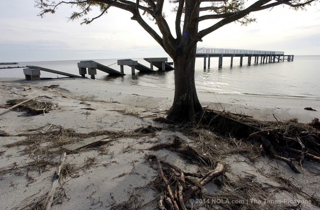 STAFF PHOTO BY SCOTT THRELKELD The concrete fishing pier is in ruin at Fontainebleau State Park in Mandeville, photographed Friday, December 9, 2005, heavily damaged by Hurricane Katrina.