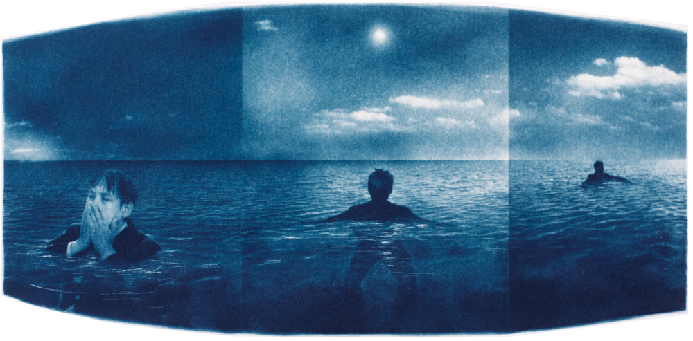 Adrift, 2013. Collaged Cyanotype Print with Digital Drawing. 8.3” x 17”. Limited edition of 12.