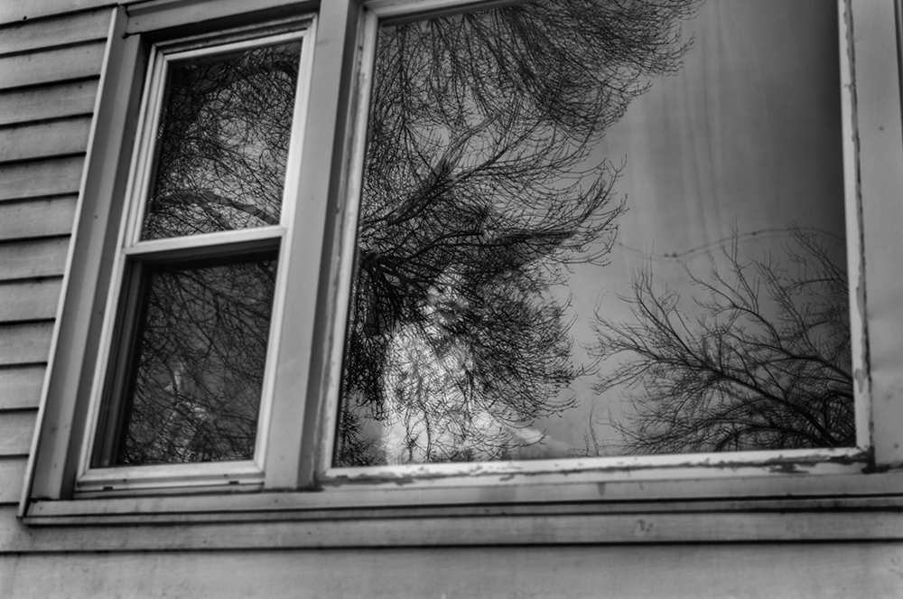 A little girl perched in the front window of her family's apartment, mingled with the reflection of the trees on the street, smiling at us as we chat with residents outside her apartment.