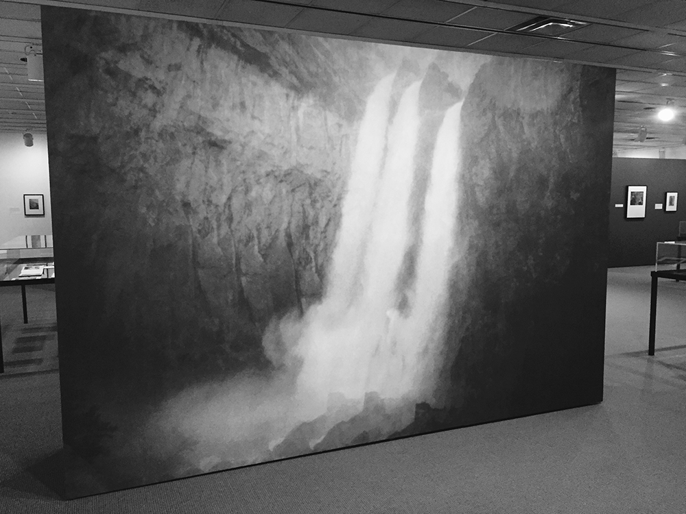 three falls installation image from photography and americas national parks at the george eastman museum pigment print on wall 8x12  feet 2016