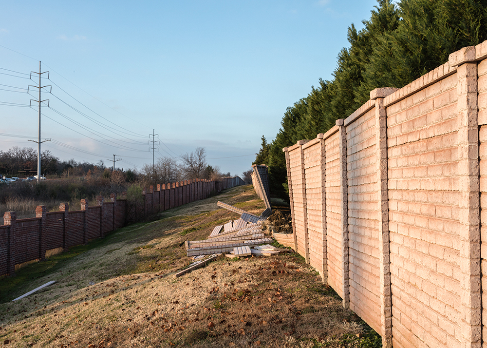 Fallen Sound Wall University Park Neighborhood; Irving, Texas. Happened the first week of November, 2015 after heavy rains and five earthquakes in the immediate area in 2015 (1.5 magnitude or higher).