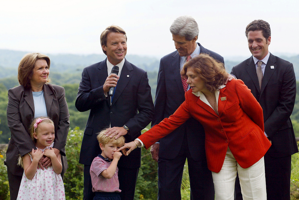 KERRY-7/7/04-EDWARDS-Sen. John Edwards  and Sen. John Kerry and families gathered at the Heinz estate in Pittsburg  Wednesday morning . (l-r)Elizabeth, Emma Clare, Jack (sucking thumb), and Sen. Edwards;  Sen. Kerry, Teresa Heinz-Kerry ( telling Jack to remove thumb) and Chris Heinz..photo by STEPHEN CROWLEY/THE NEW YORK TIMES