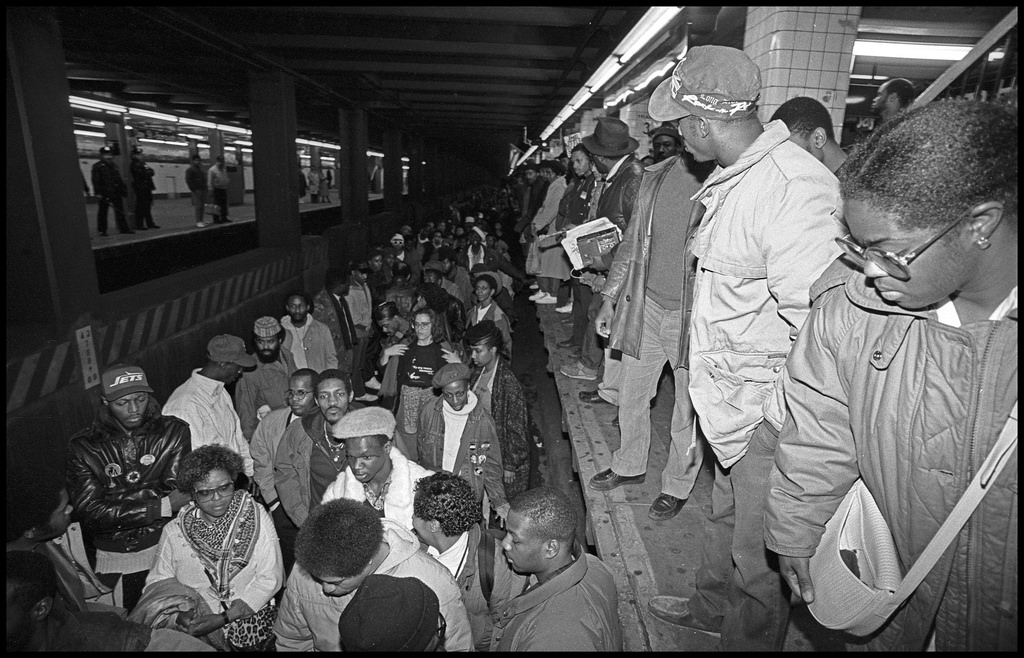 Day of Outrage demonstration at the Jay Street-Borough Hall subway station following the Howard Beach verdict on December 21, 1987 in which three defendants were found guilty of manslaughter in the death of Michael Griffith who was beaten and chased by a white mob onto a highway where he was struck by a car.  © Ricky Flores