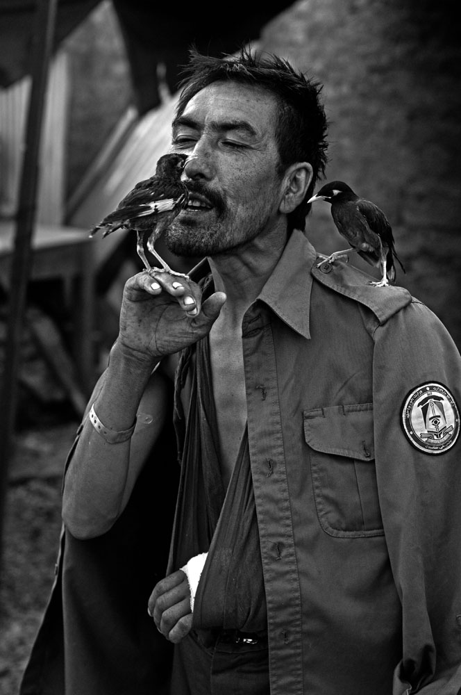 An Afghan police officer who was injured by gunfire sings to birds at an outpost on the front lines in Pashmul, Zhari District, Kandahar Province, Afghanistan. (Credit Image: © Louie Palu/ZUMA Press) FROM THE BOOK FRONT TOWARDS ENEMY. USE RESTRICTED TO BOOK REVIEWS ONLY