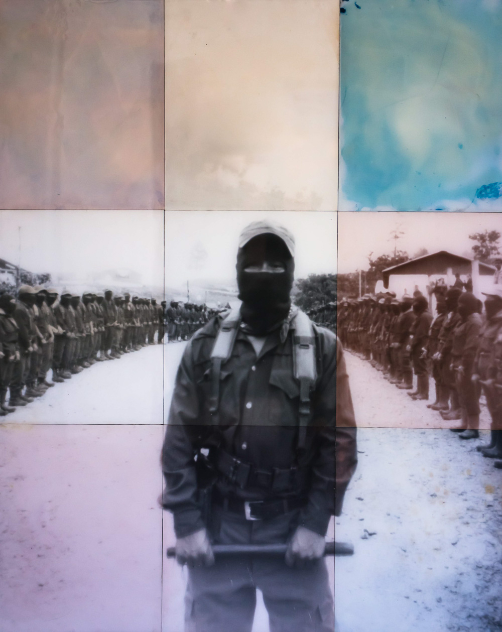 © Wayne Martin Belger, "Us & Them, Zapatista #2," 48" x 60" print from 9 sheets of 16" x 20" silver gelatin paper, toned with cochineal, prickly pear tea, and Zapatista coffee. 1 of 1, 2017 Zapatista commander with his platoon in a Zapatista military camp in Chiapas, Mexico close to the Guatemalan border. He declined to write a "words from the heart" message for the photo. He was a little busy.