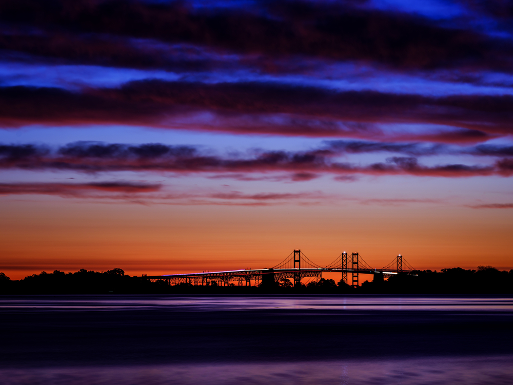 Dawn over the Chesapeake Bay Bridge in Maryland.