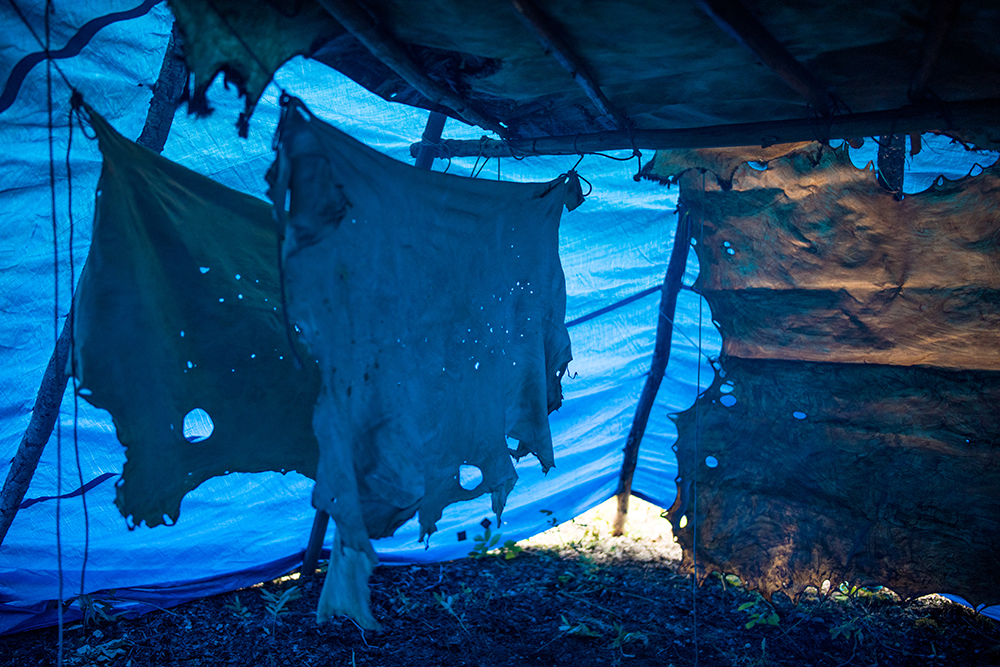 Moose hides dry and are tanned by the smoke inside a tipi near Lı́ı́dlı̨ı̨ Kų́ę́. Moose hide tanning is a traditional way to make clothing, instruments, tools and art. Many younger people in the Northwest Territories are relearning moosehide tanning as a way to Indiginize and carry the tradition forward. "It's more than tanning moose hide," says Tania Larsson and artist and advocate for Indigneous practices. "Just by being in the bush with other people, away from the city and making our camp and cooking on the fire and sharing knowledge, we are living our traditional life. It is very holistic, natural approach to living."