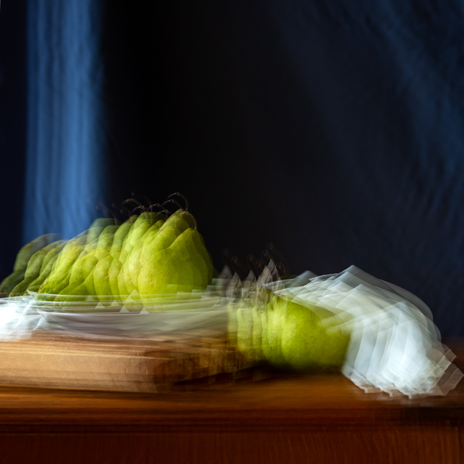 Pears shot in studio using multi exposure to create impressionistic feel