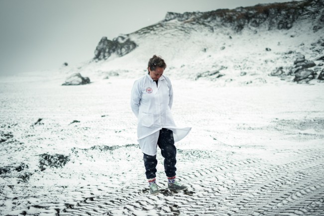 Biologist Tania Oa on a snowy day next to the Pedro Vicente Maldonado stationÕs laboratory located on Greenwich Island on the Antarctic Peninsula. She has traveled five times to Antartica to develop an investigation about lichens.