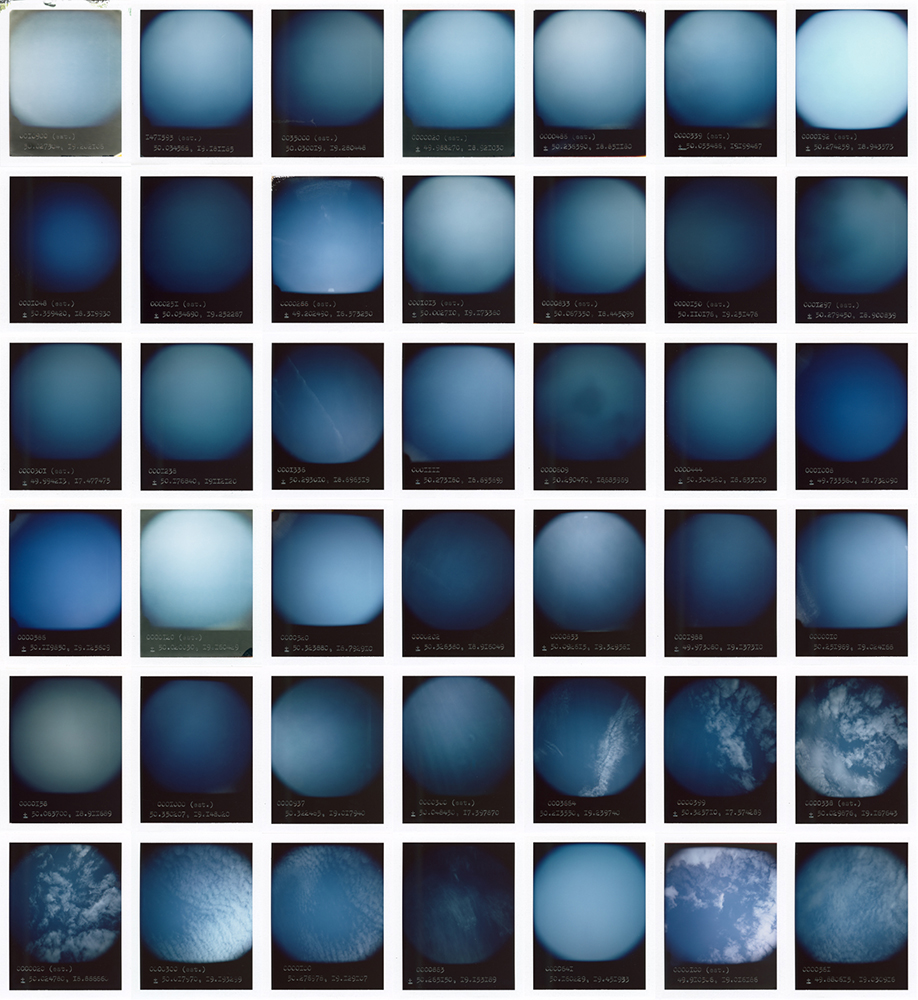 A grid of 42 of blue skies instant film images shot at every last known location of the Auschwitz concentration camp and sub camp system. Each image is blind-stamped with GPS-coordinates of the sky and the number of victims beneath. Part of “The Blue Skies Project” by Anton Kusters – © Anton Kusters
