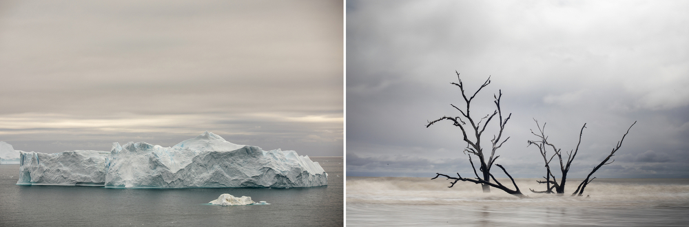 Left: A giant iceberg floats through Disko Bay in Greenland on Friday, Aug. 6, 2021. Right: The tide washes over trees that have been overtaken by the ocean due to erosion, accelerated by climate change, at Botany Bay Plantation Heritage Preserve on Pockoy Island on Thursday, Sep. 9, 2021.