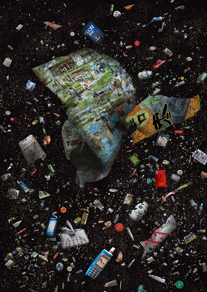 Waste plastic packaging from single-use food and drink items, with household products alongside mediacl and hazardous waste.