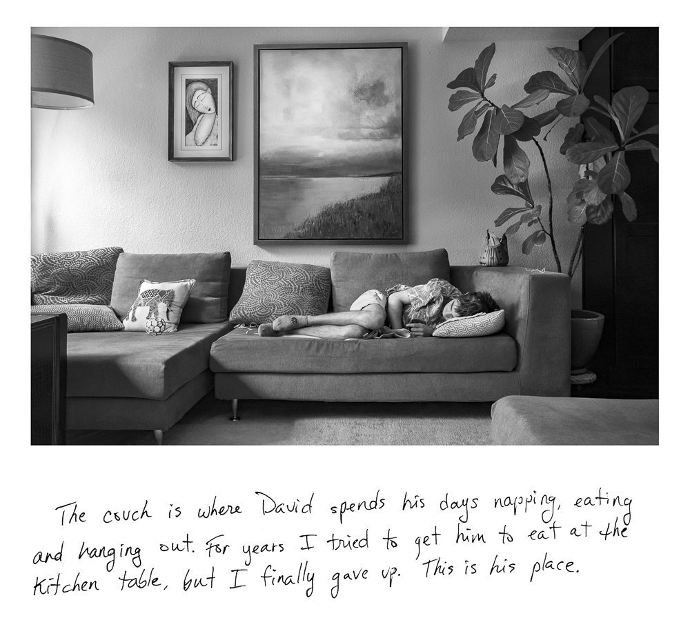 David sleeps on couch, living room, home care,