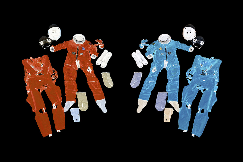 Manipulated NASA image of advanced crew escape suits, used since 1994 on Space Shuttle Missions, February 10, 1998.