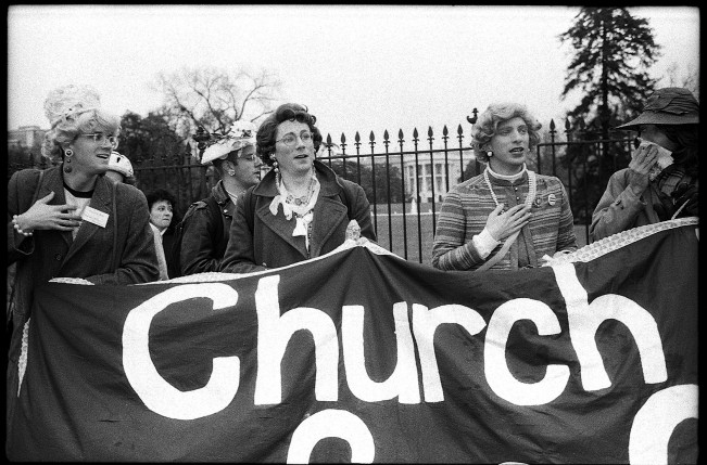 Church Ladies for Choice, March for Life, January 22, 1992. An offshoot of WHAM!, activst group Church Ladies for Choice, comprised of (mostly) gay men dressed in church lady drag, who, in their words, "reverse the venom of anti-abortion terrorists with raucous safe sex fun," entertaining clinic defenders with reworked hymns and standards, including "This Womb is My Womb," "Every Sperm is Sacred," and "God is a Lesbian" to the tune of "My Country 'Tis of Thee."