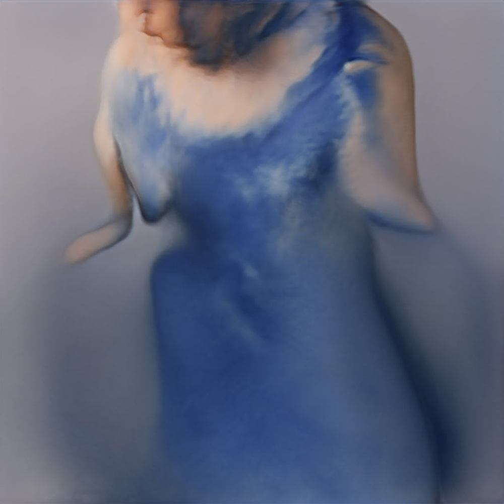 GAn-generated images based on performative self portraits of the artis smothering herself in blue - an expression of the oppressive, all-encompassing suffocation of chronic depression.