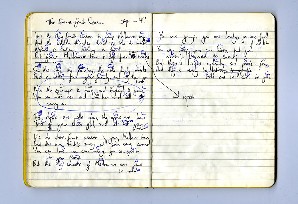 Page from 12 Stanley Street, showing the lyrics and chords of a song written there byu the artist entitled 'The Stone Fruit Season'.