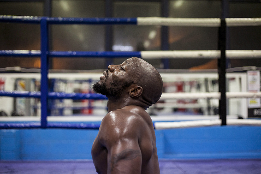 Photograph of Joel Wanderema made at Miguel's Boxing Gym in South London during a pre-match training session.