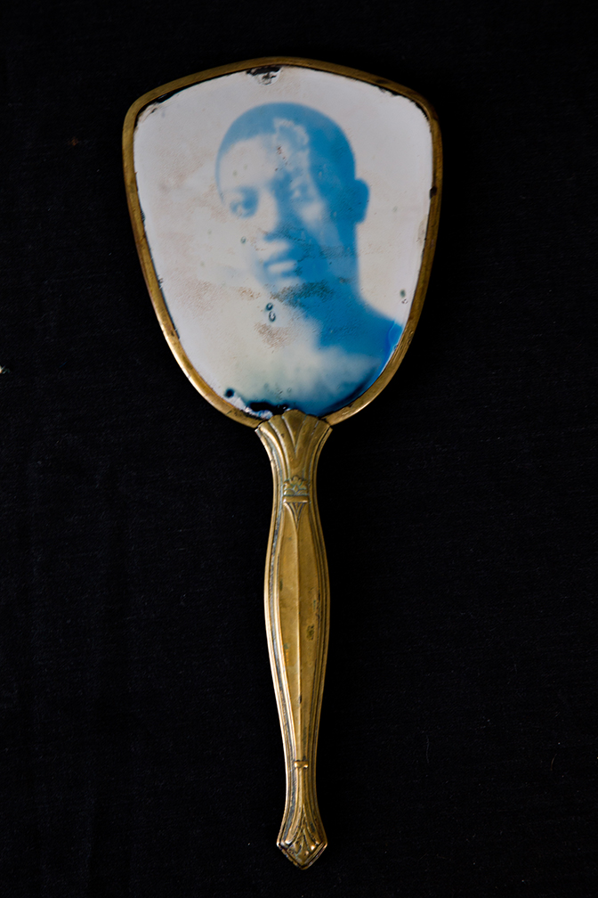 Metzner_Self Study Posed with Ear, Cyanotype on found object, 2015