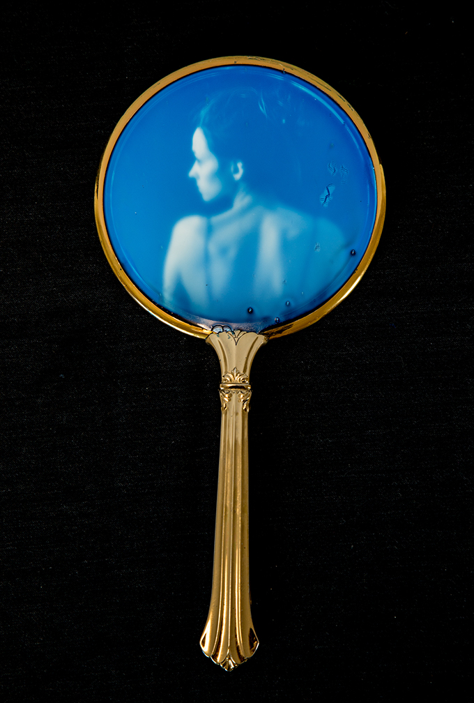Metzner_Self Study When Seated, Cyanotype on found object, 2015
