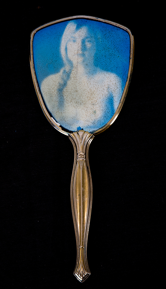Metzner_Self Study with Braid (Confronting), Cyanotype on found object, 2015