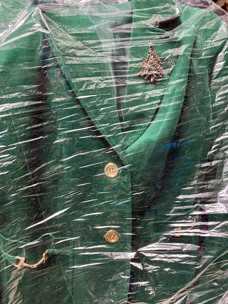 Color photo of the photographer’s decesed mother’sgeen holiday jacket with lapel pin under plastic dry cleaning bag..