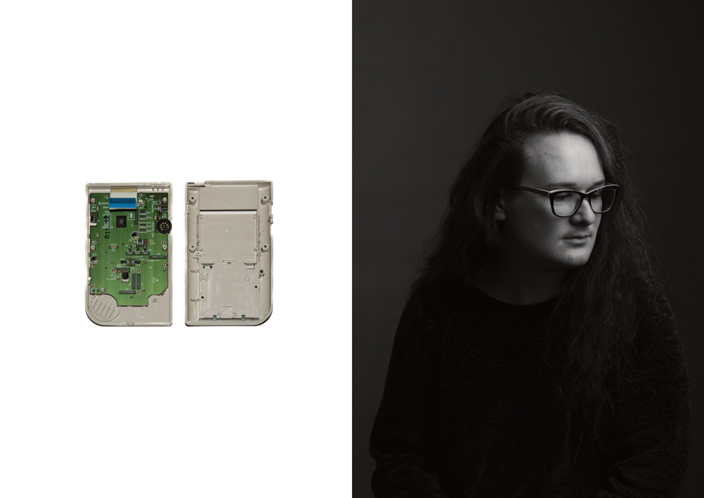 (Right) Portrait of Silent (Left) Disassembled game boy, Silent’s first digital device — which her brother now dismantles to create personalized music boxes.  She comments “It’s like the incomplete inners of a Game Boy; there’s another circuit board that should be there, further playing into this concussion allegory. You have the display and the screen still attached, everything that would be seen, but the guts and the brains of the Game Boy are missing. Which, funny enough, how would anyone know but me?”  Silent suffered a concussion in high school, which derailed much of her functioning for several years, until she found help through a neuro-feedback training program. The program re-taught her brain to control itself by measuring electrical waves through visual exercises. The many years that went untreated, Silent spent them gaming, web-diving, and playing the trumpet on tour with her high school band. These years were a prelude to her discovery of Virtual Reality, which — in her own words — saved her life.