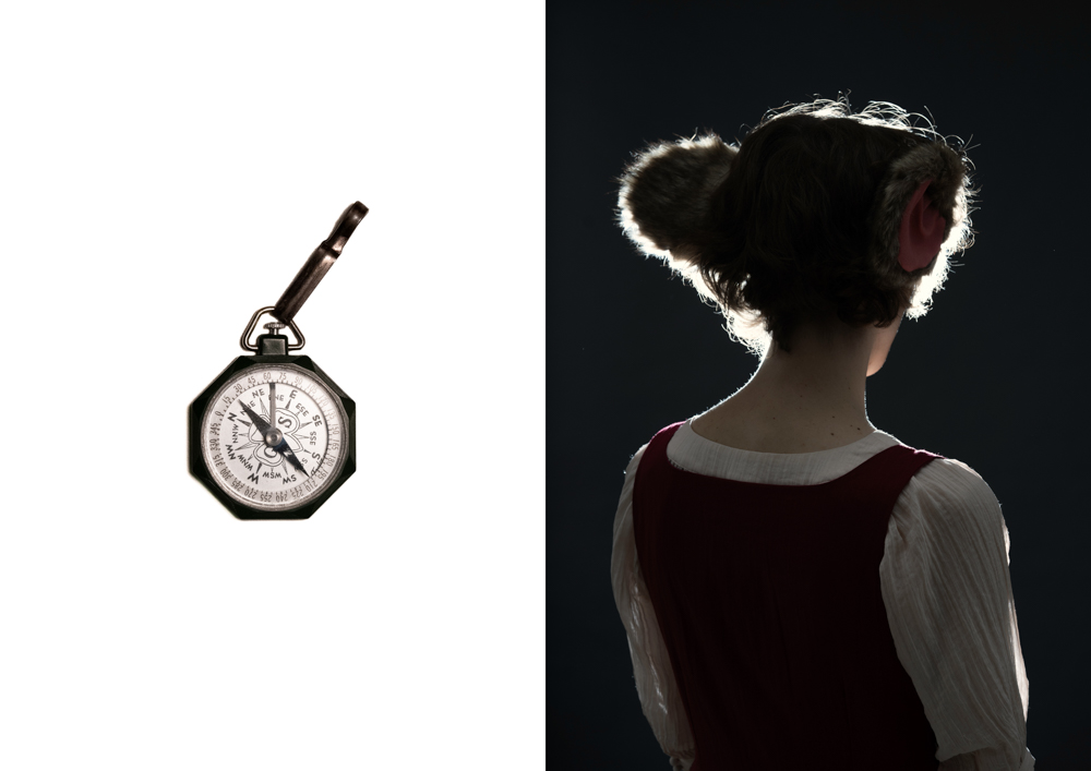 (Right) Portrait of Radar, who’s VRChat avatar is a small mouse, and which was made based on a real-life outfit including a made's dress and two furry ears.  (Left) Radar’s compass. As an analog person, she doesn’t use a smart phone and thus relies on a compass to get around. She also uses an old CRT-monitor instead of VR headset, which makes her a VR desktop user.