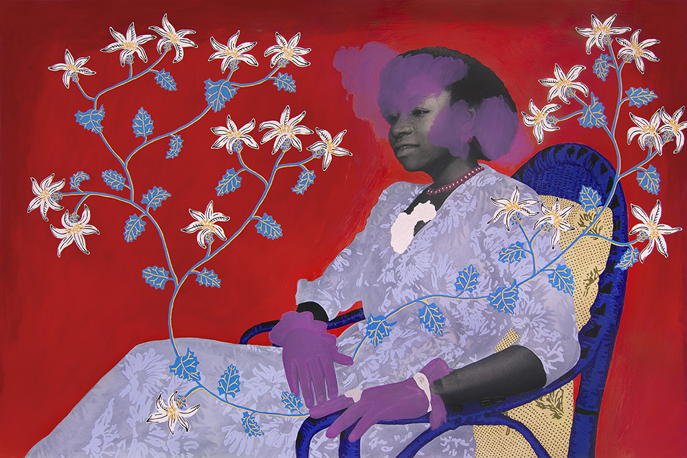 05_Patton_Untitled (Seated Woman with Purple Clouds and Blue Vine with White Flowers)