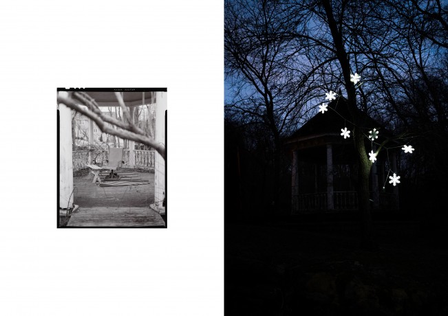 Connecticut. Febuary 19, 2023. (Left) The gazebo outside of Silent’s house, in which she spent seven years in a contemplative state after suffering a concussion in high-school, episode which initiated her journey into the digital world, and eventually virtual reality. In the left photograph, the phone holder directed towards the chair let her spend hours at times diving and exploring the internet. Finding virtual reality in 2020 allowed her to explore her identity through multiple selves, and has led her to confirm she was transgender. (Right) The gazebo at night.