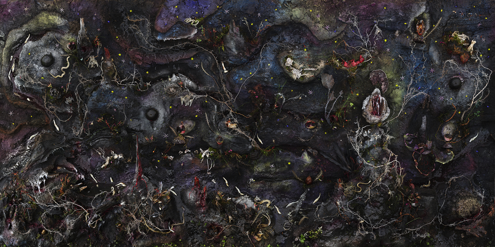 I began the series during the lockdown at the beginning of the pandemic; it has unfolded during wildfires, extreme temperatures, and other climate nightmares. The title of the project is borrowed from the 16th century Book of Miracles -- a compendium of salvific, biblical, quotidian, astronomical, and apocalyptic miracles. The project aims to articulate the intangible and ineffable, to make manifest phenomena that defy the laws of nature, using fire, paint, and the staging of fantastical scenes. I’m fascinated by the metaphysical convergence of ground, sky and the deep sea, and the power of the elements of fire, water, and earth. Photography often walks a thin line between fact and fiction, or dwells in a realm where the two cannot be distinguished; the work takes part in this pendulum swing between belief and doubt, ruin, and creation. The works range in scale from immersive 5 x 10’ to 5 x 7”. Part 1 (small works) and part 3 (large works) are made in my outdoor studio under a huge canopy that becomes an evenly lit lightbox and where I keep a collection of materials collected from the natural world --antlers, bones, skeletons, milkweed, sticks, vines, leaves, flowers --along with paints, glue, glitter, and various torches, that I use to make the work. (My indoor studio has several freezers where I preserve snakes, rodents, birds and frogs and fruit). Using these materials, I compose on a wooden frame tilted up at a 45% angle (part garden bed, part canvas, part diorama) and then photograph the creation from a scaffold. The larger pieces can take weeks or months to compose, while the smaller works are more immediate. To achieve the intense level of description I’m after, I shoot the large pieces by taking 30 or 40 close-up pictures of the tableaux and stitch these together in post-production. Part 2 of the series takes place outside the tent studio, where I stage fantastical scenes in swamps, rivers and orchards. Part 4 is comprised of a series of films.