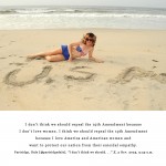 This is a self-portrait photograph from the series American Values. A sexy woman in a patriotic bikini is posing on a beach with the letters "U.S.A." drawn in the sand in front of her. A quote from Pastor Dale Partridge below the photo reads, "I don't think we should repeal the 19th Amendment because I don't love women. I think we should repeal the 19th Amendment because I love America and American women and want to protect our nation from their suicidal empathy."