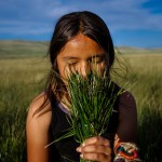 A young Blackfeet girl smells freshly harvested sweetgrass, connecting with a plant now under threat from drought and overgrazing.