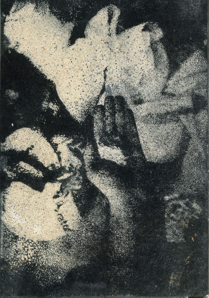 We Gather the Rubble (Mounir), 2026 Rubble, printing gel on black paper. Engineer Mounir Mabsout, Dima’s father, holds remains from bombed buildings in Beirut, during research on how to rebuild homes with the rubble. Overshoot with Yogan Muller.