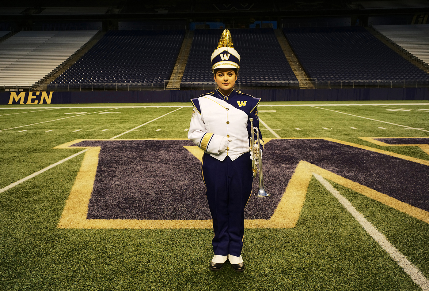 Samina, 19 years old, born in Washington State, USA Political Science Student Plays Trumpet in the UW Husky Marching Band Passion: The Trumpet "I am really passionate about my trumpet, being in band and music. I started in the fifth grade and it has been a huge part of my life ever since. I want to be seen just as anybody else. I am Muslim but I am also an American. I've grown up here, I've lived here my entire life. I have goals and ambitions just like anybody else." - Samina